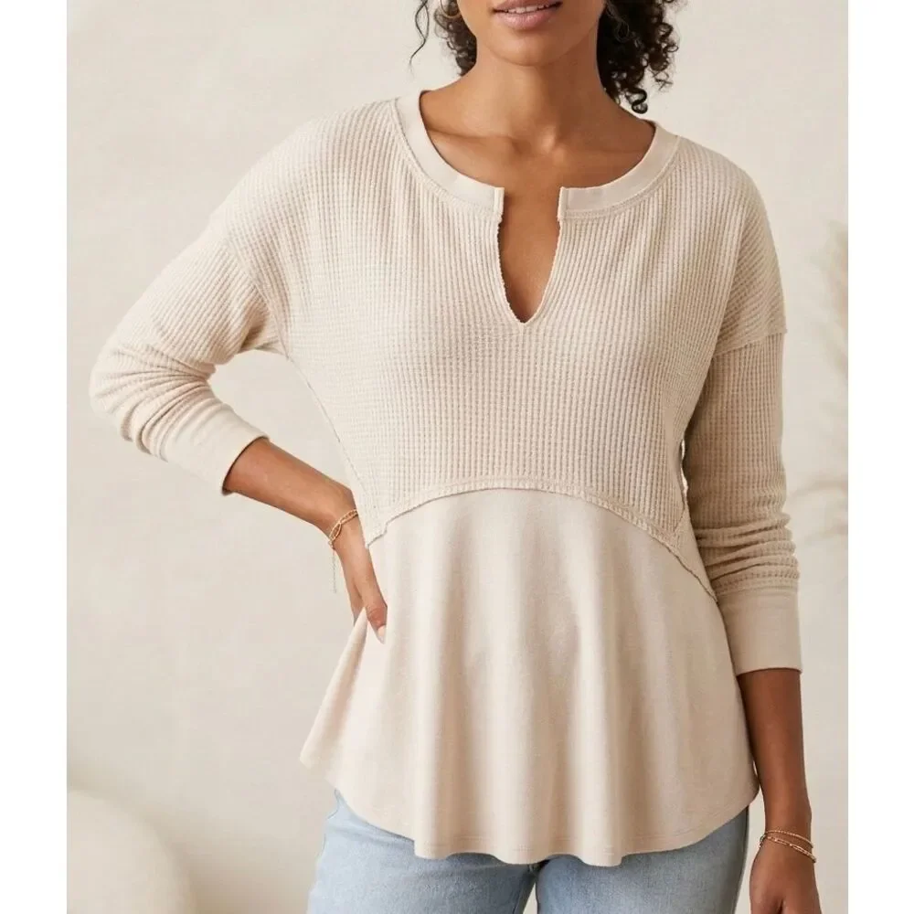 Free‎ People Top Henley Monterey Thermal Long Sleeve Light Pink Cream Small